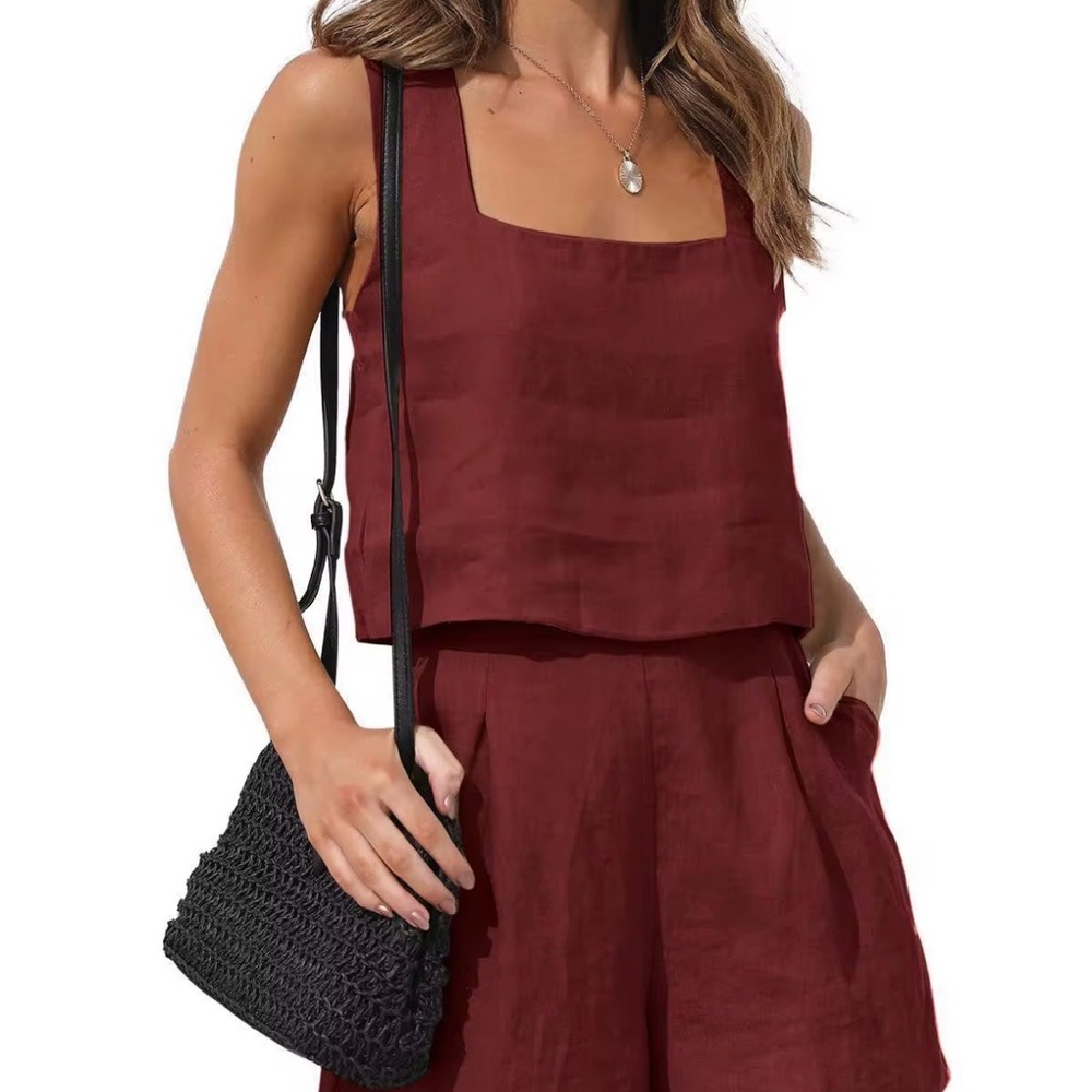 100% Burgundy Sleeveless Top and Shorts Set